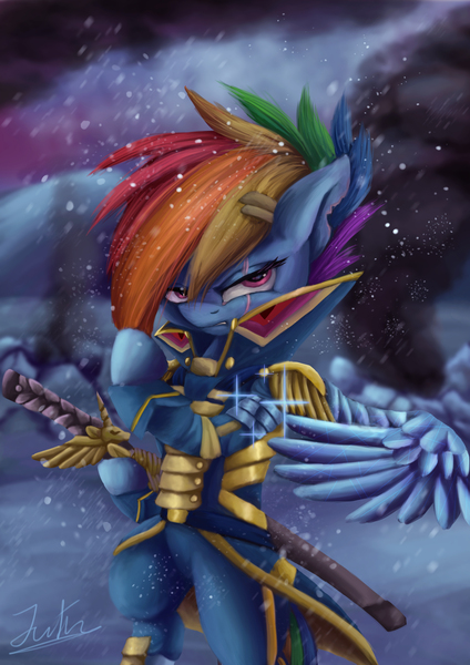 Size: 2480x3508 | Tagged: alternate timeline, angry, apocalypse dash, armor, artist:spectrumblaze, clothes, crystal war timeline, derpibooru import, junketsu, katana, kill la kill, rainbow dash, safe, scar, smoke, snow, snowfall, solo, sword, the cutie re-mark, torn ear, weapon