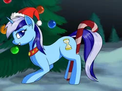 Size: 2048x1536 | Tagged: suggestive, artist:lunebat, artist:negasun, derpibooru import, minuette, bedroom eyes, candy, candy cane, christmas, christmas ornament, christmas tree, collaboration, colored pupils, decoration, female, food, grin, happy new year, happy new year 2017, hat, looking back, santa hat, smiling, solo, solo female, tree