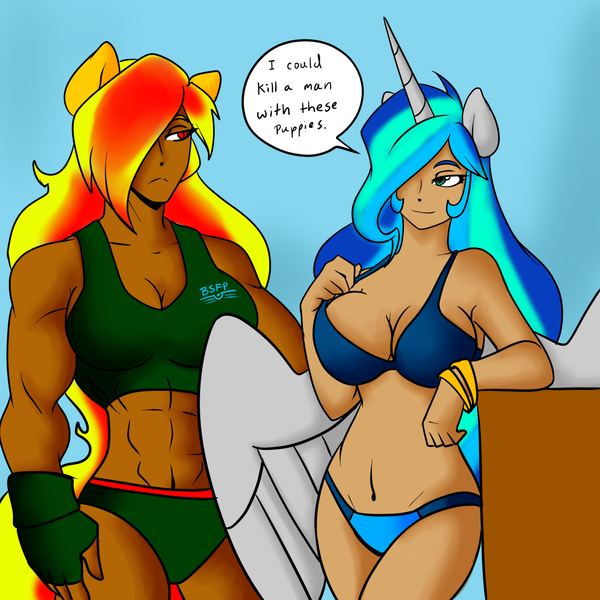 Size: 1280x1280 | Tagged: abs, alicorn, alicorn oc, artist:burningsnowflakeproductions, belly button, big breasts, bikini, breasts, clothes, commission, derpibooru import, dialogue, duo, duo female, female, fingerless gloves, gloves, hair over one eye, horned humanization, human, humanized, midriff, oc, oc:lyoko hope, oc:red fire, red eyes, suggestive, swimsuit, unofficial characters only, winged humanization