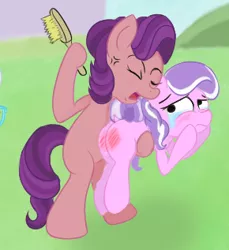 Size: 290x317 | Tagged: semi-grimdark, artist:rusticanon, derpibooru import, diamond tiara, spoiled rich, pony, abuse, crying, hairbrush, holding a pony, mother and daughter, punishment, spanking, tiarabuse