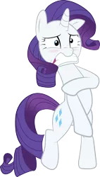 Size: 886x1564 | Tagged: safe, artist:hoodie-stalker, derpibooru import, rarity, pony, unicorn, make new friends but keep discord, bipedal, blushing, covering, covering crotch, embarrassed, female, naked rarity, simple background, solo, transparent background, vector, we don't normally wear clothes