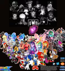 Size: 1800x1946 | Tagged: safe, artist:trungtranhaitrung, derpibooru import, applejack, rainbow dash, sunset shimmer, twilight sparkle, twilight sparkle (alicorn), oc, oc:o.w.n medic, alicorn, pony, crossover, d.va, o.w.n, overwatch, scout, sonic chronicles x, sonic the hedgehog, sonic the hedgehog (series), spy