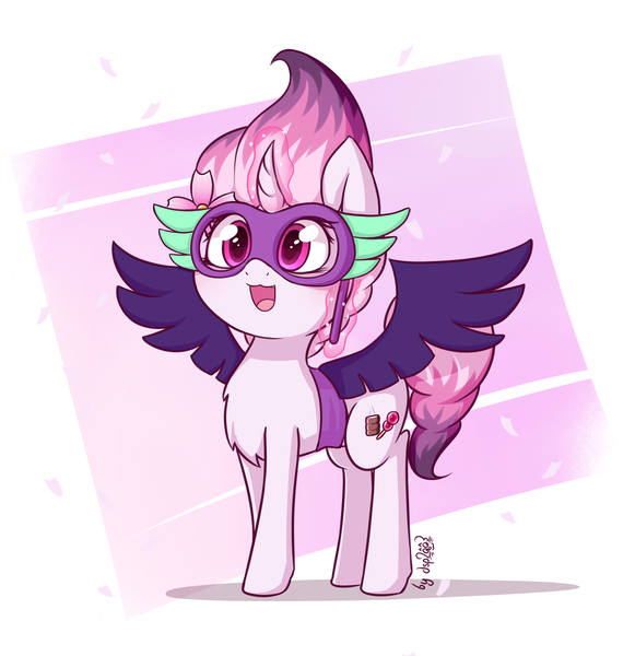 Size: 2322x2400 | Tagged: safe, artist:dsp2003, derpibooru import, oc, oc:sakuragi-san, unofficial characters only, pony, unicorn, equestria girls, chibi, clothes, cosplay, costume, cute, fake wings, female, flower, flower in hair, flower petals, mask, midnight sparkle, open mouth, solo, style emulation