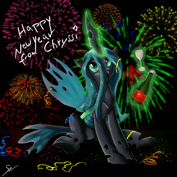 Size: 1749x1750 | Tagged: alcohol, artist:shogundun, bottle, confetti, derpibooru import, fireworks, glowing horn, happy new year, happy new year 2017, queen chrysalis, safe, smirk, solo, wine