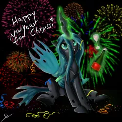 Size: 1749x1750 | Tagged: alcohol, artist:shogundun, bottle, confetti, derpibooru import, fireworks, glowing horn, happy new year, happy new year 2017, queen chrysalis, safe, smirk, solo, wine