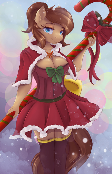 Size: 3300x5100 | Tagged: suggestive, artist:ardail, derpibooru import, oc, oc:mocha latte, unofficial characters only, anthro, earth pony, absurd resolution, adorasexy, anthro oc, bedroom eyes, big breasts, blue eyes, bow, breasts, candy, candy cane, christmas, cleavage, clothes, cute, dress, female, food, looking at you, mare, ribbon, sexy, smiling, snow, snowfall, solo, solo female, stockings