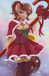 Size: 3300x5100 | Tagged: suggestive, artist:ardail, derpibooru import, oc, oc:mocha latte, unofficial characters only, anthro, earth pony, absurd resolution, adorasexy, anthro oc, bedroom eyes, big breasts, blue eyes, bow, breasts, candy, candy cane, christmas, cleavage, clothes, cute, dress, female, food, looking at you, mare, ribbon, sexy, smiling, snow, snowfall, solo, solo female, stockings