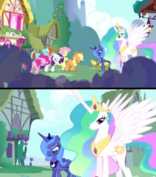 Size: 1920x2180 | Tagged: safe, derpibooru import, edit, edited screencap, screencap, applejack, fluttershy, pinkie pie, princess celestia, princess luna, rainbow dash, rarity, alicorn, earth pony, pegasus, pony, unicorn, friendship is magic, season 1, background pony, bowing, chariot, crowd, eyes closed, female, looking down, mare, mountain, ponyville, royal sisters, s1 luna, smiling