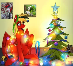 Size: 2200x2000 | Tagged: safe, artist:twotail813, derpibooru import, oc, oc:twotail, unofficial characters only, cat, pegasus, pony, bell, bell collar, belly button, christmas tree, collar, decoration, happy new year, rcf community, solo, tree