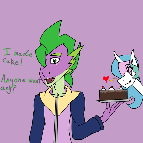 Size: 844x844 | Tagged: safe, artist:moonakart13, artist:moonaknight13, derpibooru import, princess celestia, spike, adult spike, ask-spike-the-demon, cake, clothes, crack shipping, food, freckles, heart, holding, jumper, licking, licking lips, male, older, shipping, shirt, simple background, spikelestia, straight, text, tongue out