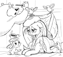 Size: 3300x3000 | Tagged: safe, artist:docwario, derpibooru import, angel bunny, fluttershy, harry, bird, squirrel, black and white, blanket, brushing, brushing tail, caring for the sick, clothes, dressing gown, fireplace, floppy ears, food, grayscale, ice pack, illness, image, lidded eyes, monochrome, png, sick, sitting, snot, tea, thermometer