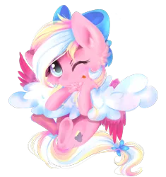 Size: 1600x1700 | Tagged: safe, artist:skajcia, derpibooru import, oc, oc:bay breeze, unofficial characters only, pegasus, pony, bow, cloud, female, hair bow, mare, one eye closed, simple background, solo, transparent background, wink