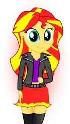 Size: 2814x4996 | Tagged: safe, artist:uliks-uliks, derpibooru import, sunset shimmer, equestria girls, absurd resolution, belly button, clothes, cute, jacket, leather jacket, midriff, skirt, socks, solo, thigh highs, zettai ryouiki