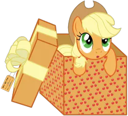 Size: 8000x7273 | Tagged: safe, artist:justisanimation, derpibooru import, part of a set, applejack, pony, absurd resolution, box, looking up, open mouth, pony in a box, present, simple background, solo, transparent background