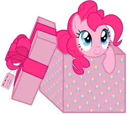 Size: 8000x7127 | Tagged: safe, artist:justisanimation, derpibooru import, part of a set, pinkie pie, pony, absurd resolution, box, bronybait, cute, looking up, pony in a box, present, simple background, smiling, solo, transparent background
