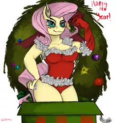 Size: 1024x1074 | Tagged: :3, anthro, artist:kotofoney, blushing, christmas wreath, derpibooru import, female, fluttershy, leotard, looking at you, mistletoe, smirk, solo, solo female, suggestive