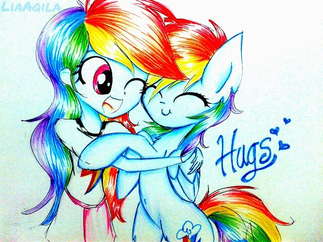 Size: 640x480 | Tagged: safe, artist:liaaqila, derpibooru import, rainbow dash, pony, equestria girls, cute, dashabetes, hug, human ponidox, liaaqila is trying to murder us, looking at each other, self ponidox, smiling, traditional art