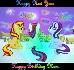 Size: 1495x1421 | Tagged: safe, artist:majkashinoda626, derpibooru import, moondancer, starlight glimmer, sunset shimmer, pony, unicorn, counterparts, cute, female, fireworks, glasses, glimmerbetes, happy birthday, happy new year, happy new year 2017, heartwarming description, looking up, mare, night, open mouth, ponyville, rear view, shimmerbetes, sitting, smiling, snow, trio, twilight's counterparts