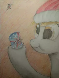 Size: 576x768 | Tagged: safe, artist:ponystarpony, derpibooru import, derpy hooves, pegasus, pony, bow, bust, eating, female, food, hat, mare, muffin, portrait, santa hat, solo, traditional art