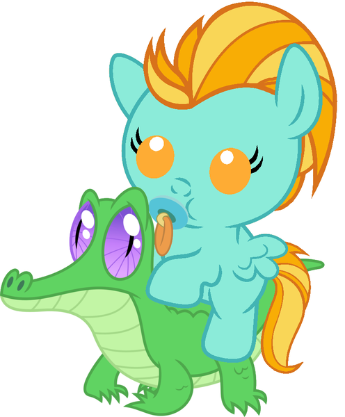 Size: 811x982 | Tagged: safe, artist:red4567, derpibooru import, gummy, lightning dust, pony, baby, baby pony, cute, dustabetes, pacifier, ponies riding gators, riding