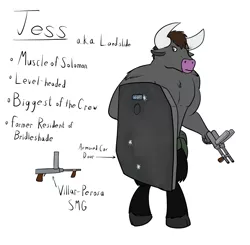 Size: 1561x1527 | Tagged: artist:the-furry-railfan, derpibooru import, fallout equestria, fallout equestria: long haul, gun, minotaur, oc, oc:jess, reference sheet, safe, shield, submachinegun, unofficial characters only, weapon