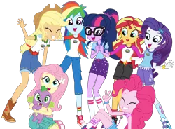 Size: 4584x3375 | Tagged: safe, artist:sketchmcreations, derpibooru import, applejack, fluttershy, pinkie pie, rainbow dash, rarity, sci-twi, spike, spike the regular dog, sunset shimmer, twilight sparkle, dog, equestria girls, legend of everfree, absurd resolution, clothes, converse, group photo, group shot, happy, humane five, humane seven, humane six, legend you were meant to be, open mouth, peace sign, shoes, simple background, smiling, song, transparent background, vector