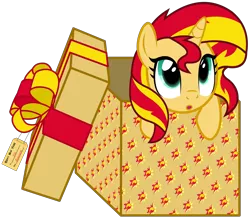 Size: 8000x6996 | Tagged: safe, artist:justisanimation, derpibooru import, part of a set, sunset shimmer, pony, unicorn, 2017, :o, absurd resolution, box, cute, female, looking up, mare, new year, open mouth, pony in a box, present, shimmerbetes, simple background, solo, transparent background, vector