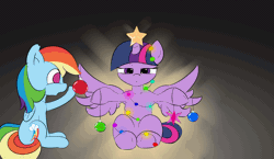 Size: 1520x880 | Tagged: safe, artist:n0nnny, derpibooru import, rainbow dash, twilight sparkle, twilight sparkle (alicorn), alicorn, pony, 2017, :o, :t, adorkable, animated, behaving like a cat, being a christmas tree, blushing, boop, christmas, cute, dashabetes, dork, female, festival, frame by frame, frown, gif, heart, holiday, kissing, lesbian, lidded eyes, open mouth, puffy cheeks, shipping, sitting, spread wings, twiabetes, twidash, twilight is not amused, unamused, wide eyes