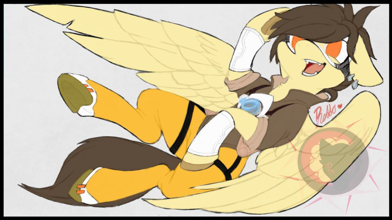 Size: 1280x720 | Tagged: safe, artist:red_moonwolf, derpibooru import, ponified, pegasus, pony, clothes, goggles, overwatch, solo, spread wings, tracer