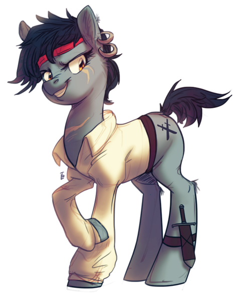 Size: 728x915 | Tagged: safe, artist:locksto, derpibooru import, oc, oc:keelhaul, unofficial characters only, earth pony, pony, clothes, ear piercing, earring, female, jewelry, knife, mare, piercing, pirate, raised hoof, scar, shirt, simple background, smiling, smirk, solo, transparent background