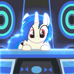 Size: 600x600 | Tagged: safe, artist:ribiruby, derpibooru import, vinyl scratch, pony, unicorn, animated, bent over, both cutie marks, butt shake, female, front view butt, gif, glow, image, large butt, mare, missing accessory, plot, show accurate, solo, sway, thick, turntable, wide hips, wrong eye color