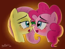 Size: 1200x900 | Tagged: artist:thealjavis, bedroom eyes, blushing, derpibooru import, drool, drool string, female, flutterpie, fluttershy, gradient background, holly, holly mistaken for mistletoe, lesbian, looking at each other, nose wrinkle, nuzzling, pinkie pie, shipping, suggestive