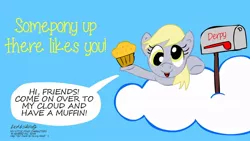 Size: 1024x576 | Tagged: safe, artist:newportmuse, derpibooru import, derpy hooves, pegasus, pony, cloud, female, food, looking at you, mailbox, mare, muffin, signature, speech bubble, yellow words