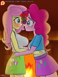 Size: 1200x1600 | Tagged: safe, artist:thealjavis, derpibooru import, fluttershy, pinkie pie, equestria girls, blushing, bow, breasts, busty fluttershy, clothes, female, fireplace, flutterpie, lesbian, looking at each other, mistletoe, multiple variants, shipping, skirt, tanktop, wavy mouth
