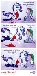 Size: 1354x2728 | Tagged: suggestive, artist:dubstepina, derpibooru import, rarity, spike, dragon, elf, pony, unicorn, blushing, christmas, comic, dialogue, dirty talk, ear piercing, earring, foalcon, hat, high heel boots, jewelry, kneeling, latex, latex boots, leotard, male, piercing, santa hat, shipping, sitting, sparity, straight, straight shota, tongue out