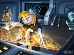 Size: 1216x900 | Tagged: safe, artist:seanica, derpibooru import, oc, oc:cutting chipset, unofficial characters only, pegasus, pony, chair, clothes, hologram, mass effect, pilot, sitting, solo, spaceship, uniform