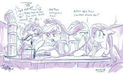 Size: 1140x686 | Tagged: safe, artist:jowybean, derpibooru import, applejack, fluttershy, rainbow dash, rarity, annoyed, bucktooth, cider, drunk, drunk rarity, female, floppy ears, frown, glare, gritted teeth, lesbian, lidded eyes, messy mane, milkshake, monochrome, open mouth, rarijack, shipping, sitting, smiling, straw, wavy mouth