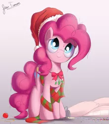 Size: 1802x2040 | Tagged: safe, artist:bugplayer, derpibooru import, pinkie pie, earth pony, pony, bugplayer is trying to murder us, christmas, clothes, confetti, cute, diapinkes, female, hat, looking at you, looking up, mare, mistletoe, pillow, santa hat, scarf, smiling, solo