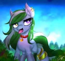 Size: 1404x1312 | Tagged: safe, artist:gamermac, derpibooru import, oc, oc:lea, unofficial characters only, earth pony, pony, bracelet, collar, ear piercing, earring, heterochromia, jewelry, piercing, solo, tongue out, two colour hair