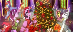 Size: 6362x2786 | Tagged: safe, artist:asika-aida, derpibooru import, applejack, fluttershy, pinkie pie, rainbow dash, rarity, spike, starlight glimmer, twilight sparkle, twilight sparkle (alicorn), alicorn, pony, 2017, absurd resolution, christmas, christmas tree, clothes, cute, freckles, happy new year, happy new year 2017, hat, hearth's warming, holiday, mane seven, mane six, ornament, present, santa hat, tree, twilight's castle