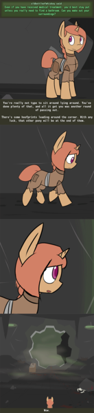 Size: 500x2187 | Tagged: safe, artist:erthilo, derpibooru import, oc, oc:sierra scorch, unofficial characters only, pony, unicorn, fallout equestria, bone, clothes, cyoa, fallout, female, skeleton, stablequest, text, vault