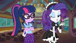 Size: 640x360 | Tagged: safe, artist:themexicanpunisher, derpibooru import, rarity, sci-twi, twilight sparkle, equestria girls, legend of everfree, blush sticker, blushing, clothes, female, lesbian, maid, rarilight, sci-rarilight, shipping