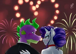 Size: 900x642 | Tagged: safe, artist:pia-sama, derpibooru import, rarity, spike, anthro, alternate hairstyle, blushing, choker, clothes, eye contact, fingernails, fireworks, happy new year, happy new year 2017, heart, intimate, lidded eyes, looking at each other, male, nail polish, night, older, older spike, passionate, shipping, smiling, sparity, straight, suit