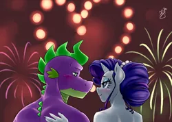 Size: 900x642 | Tagged: suggestive, artist:pia-sama, derpibooru import, rarity, spike, anthro, alternate hairstyle, fingernails, fireworks, happy new year, happy new year 2017, heart, implied nudity, intimate, looking at each other, male, nail polish, older, older spike, passionate, shipping, smiling, sparity, straight