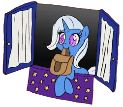 Size: 1318x1150 | Tagged: safe, artist:ladycookie, derpibooru import, trixie, pony, unicorn, to where and back again, cute, diatrixes, female, mare, mouth hold, saddle bag, scene interpretation, simple background, solo, transparent background