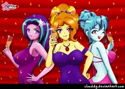 Size: 1401x1000 | Tagged: suggestive, artist:clouddg, derpibooru import, adagio dazzle, aria blaze, sonata dusk, equestria girls, rainbow rocks, 2017, alternate hairstyle, beverage, big breasts, breasts, busty adagio dazzle, busty aria blaze, busty dazzlings, busty sonata dusk, champagne, clothes, confetti, dress, female, females only, gem, glass, happy new year, happy new year 2017, jewelry, looking at you, one eye closed, open mouth, pendant, rear view, signature, siren gem, smiling, spiked headband, stupid sexy adagio dazzle, stupid sexy aria blaze, stupid sexy dazzlings, stupid sexy sonata dusk, the dazzlings, trio, trio female, wink