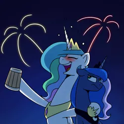 Size: 1200x1200 | Tagged: safe, artist:anticular, derpibooru import, princess celestia, princess luna, alicorn, pony, ask sunshine and moonbeams, blushing, drunk, drunklestia, eyes closed, female, fireworks, floppy ears, frown, luna is not amused, mare, mug, new year, open mouth, royal sisters, unamused