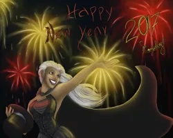 Size: 1280x1024 | Tagged: safe, artist:comsing8, derpibooru import, trixie, human, black dress, cape, clothes, dress, fireworks, grin, happy new year 2017, hat, humanized, moderate dark skin, smiling, solo, top hat