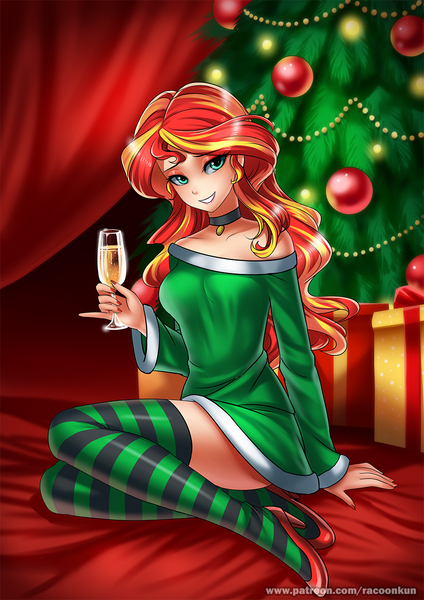 Size: 900x1274 | Tagged: safe, artist:racoonsan, derpibooru import, sunset shimmer, human, equestria girls, 2017, bare shoulders, bedroom eyes, champagne, champagne glass, choker, christmas, christmas tree, clothes, eyeshadow, female, full body, grin, happy new year, happy new year 2017, high heels, holiday, humanized, looking at you, makeup, nail polish, new year, off shoulder, present, seductive look, sitting, smiling, socks, solo, striped socks, stupid sexy sunset shimmer, thigh highs, tree, zettai ryouiki