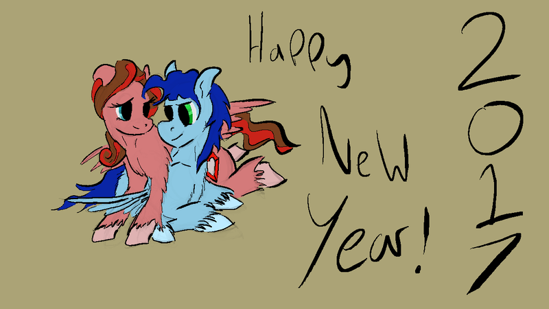 Size: 1280x720 | Tagged: safe, artist:speedpaintthegod, derpibooru import, oc, oc:ruby shine, oc:speedpaint, unofficial characters only, pegasus, pony, digital art, happy new year 2017, new year, oc x oc, realistic horse legs, romance, shipping, simple background, text